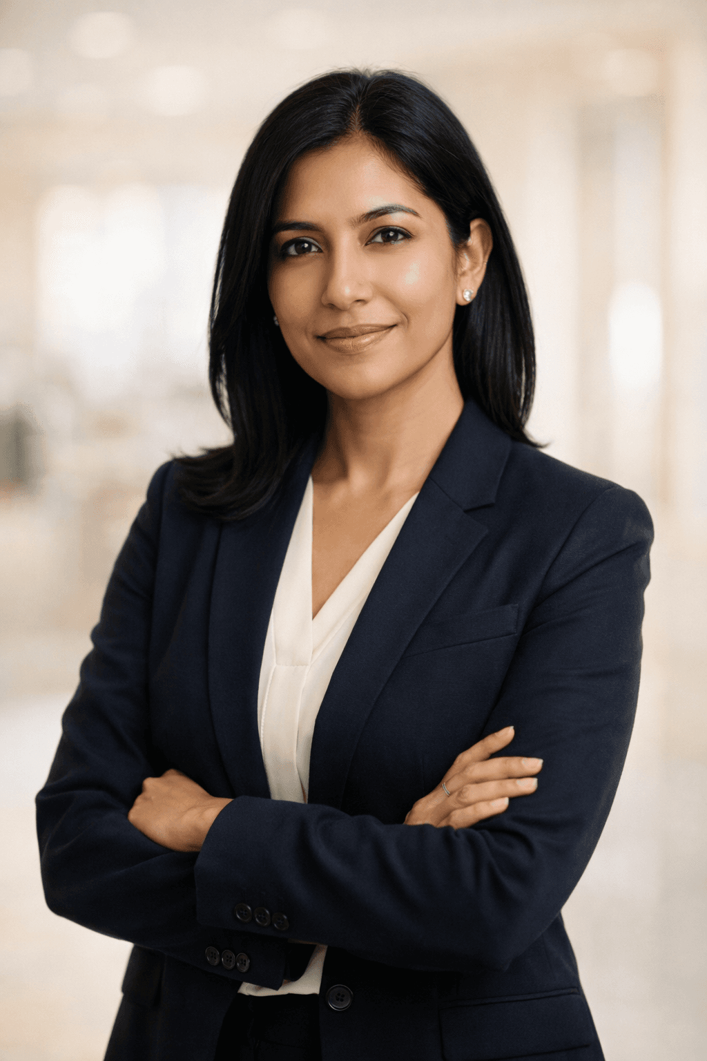 A composed executive with a confident, poised expression